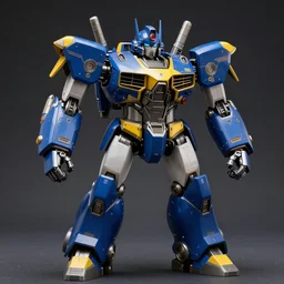 half blue half yellow metal robot in dramatic pose, very detailed photography, 8k