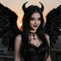 a studio professional portrait of a young pale goth girl, black wings, femme fatale, gorgeous face, aesthetically pleasing, beautiful facial expressions, friendly, cheerful, at golden hour, dusk, chiaroscuro, dark moody lighting, intricate digital art, hyperrealist, detailed, artgem, trending on artstation, fan art, by boris vallejo