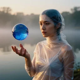 a closeup portrait of a woman wrapped in plastic, standing next to a levitating blue sapphire orb, in a foggy pond, golden hour, dusk, color photograph, by vincent desiderio, canon eos c 3 0 0, ƒ 1. 8, 3 5 mm, 8 k, medium - format print