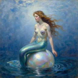 vintage beautiful painting of mystical merman god of the sea sitting on a pearl in the middle of the ocean, oil painting by Mary Cassatt , unreal 5, DAZ, trending on artstation, dynamic lighting, misty, ocean, blue theme