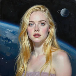 a striking hyper real painting of Elle Fanning in space by Craig Mullins
