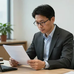 photo of a real Mochlan in a suit and glasses, reading a document at a desk in an office. Highly detailed 8k. Intricate. Sony a7r iv 55mm. Award winning.