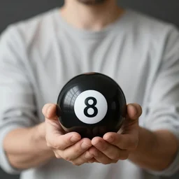 a man holding a magic 8 ball, but will the outcome be gloomy for the future, and in showing, it says, yes or no to the question, 8 k