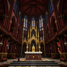 hyper detailed interior of a gothic cathedral with deep red black and gold accents, elaborate altar in the center with balconies along the side, built in minecraft, voxels