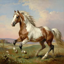 a brown and white horse, white mane and tail, galloping through a field, painted by Bierstadt.