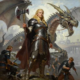 An oil painting of a beautiful blonde viking woman posing with a bloodied war-axe, dragon scale armor, very aesthetic, detailed face, by Frank Frazetta, Greg Rutkowski, Boris Vallejo, Neal Hanson, Christian MacNevin, epic fantasy character art, goddess of war, high fantasy, full length, exquisite detail, post-processing, low angle, masterpiece, cinematic, colossal dragon in background
