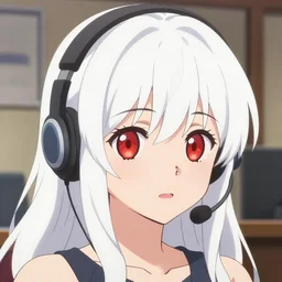 high quality anime film portrait of a cute ( ( red eyed girl!! ) ) with ( ( long white hair!! ) ) wearing a headset in her room interior. art by makoto shinkai, takashi takeuchi, akihiko yoshida, ilya kuvshinov, pixiv, danbooru, headshot, detailed cute face facial features, manga