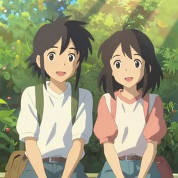 Cute girls by Akihiko Yoshida and Makoto Shinkai, with backdrop of god rays