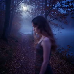 a double exposure of a beautiful side view portrait from above of a mystical young woman looking down!!, apparition, ghostly, motion blur, with a landscape photo of an autumn misty night forest, forest trail, lake, dappled moonlight, blue and purple tones