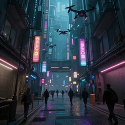 close wide angle shot of a matte painting environment design of dystopian cyberpunk alley with neon lights, people on the streets being monitored by flying drones, artstation, design by dreadjim, eddie mendoza, james paick, ultra realistic, volumetric lighting, 4k, octane render