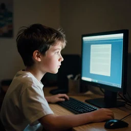 aged analog photo from a boy on a computer, monitor warm azure tones bleed film grain