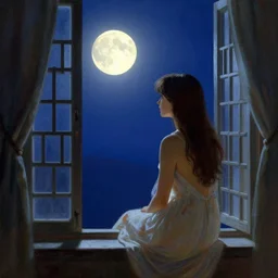 a beautiful picture of bright moonlight shines through the window lattice, a girl, by greg rutkowski and thomas kinkade, trending on artstation
