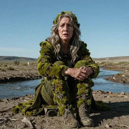 65-year-old moss-covered Gaia Titan crying one emotionless tear, facing the camera and sitting on a dried up river in a desolate land, blue sky, hot and sunny, highly-detailed, elegant, dramatic lighting, artstation, 4k, cinematic landscape, photograph by Elizabeth Gadd