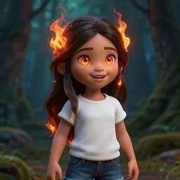 Clothed. realistic style at CGSociety by WLOP, Ilya kuvshinov, Krenz Cushart, Greg Rutkowski, trending on artstation. Zbrush sculpt colored, Octane render in Maya, Houdini VFX. Realistic fantasy cute indigenous young girl, expressing joy, deep fire eyes, silky hair, wearing a white t-shirt with jeans, fire on her hair, Cinematic dramatic atmosphere of a mystic forest, sharp focus, soft volumetric studio lighting.