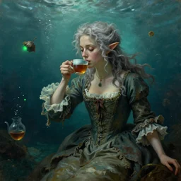 a 1 8 th century, messy, silver haired, ( ( ( mad ) ) ) elf princess ( look like ( ( young kate winslet ) ) ), dressed in a frilly ( ragged ), antique dress, is ( ( drinking a cup of tea ) ). everything is underwater! and floating. greenish blue tones, theatrical, ( ( green lights ) ) fantasy oil canvas by jakub rozalski, jan matejko