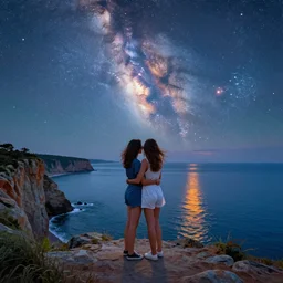 two girls hugging under a starry sky, standing on a cliff by the sea, the milky way is reflecting on the sea water, 4k detailed reflections, oil painting vibrant colors