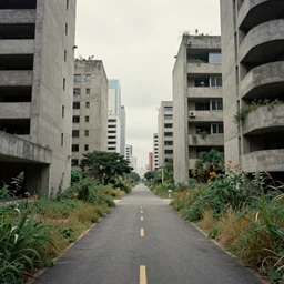 a world ruled by artificial intelligence absent from humans, building, avenue, urban architecture, americana architecture, concrete architecture, paved roads, by thomas kinkade trending on artstation, photorealistic, wild vegetation, utopian, futuristic, blade runner