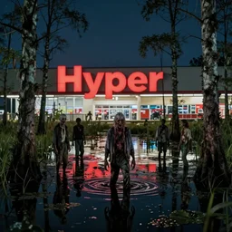 zombie in the swamp at night, hyper retail