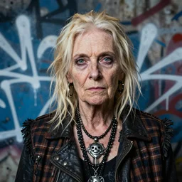 highly detailed closeup portrait of a sewer punk rogue old woman, tartan vestments, blonde hair by atey ghailan, by greg rutkowski, by greg tocchini, by james gilleard, by joe fenton, by kaethe butcher, gradient, blue, black, brown and cream color scheme, grunge aesthetic!!! white graffiti tag wall background
