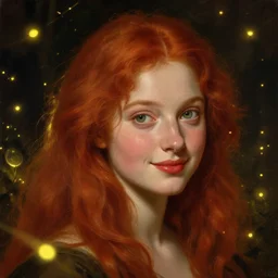 a highly detailed digital painting of a red haired young woman, by night among golden fireflies and nature, backlit, deep green eyes, hint of freckles, round gentle face, cheeky smile with red lips, deep focus, smooth, sharp, golden ratio, elegant, art by artemisia lomi gentileschi, caravaggio, greg rutkowski