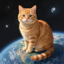 A fuzzy orange cat sitting on planet earth in space, full of details, by Makoto Shinkai and thomas kinkade, digital painting, Matte painting, trending on artstation and unreal engine
