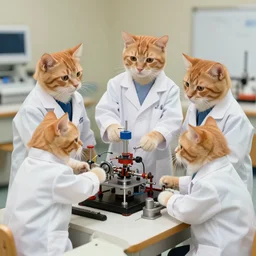 1 9 8 0's color photo, cute orange cats in white lab coats supervising mechanical experiments