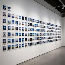 art installation in modern gallery, thousands of polaroids on walls of imagined dreams