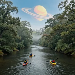 Kayakers paddling on a foggy, meandering river winding through an oak hickory forest, in the background the river flows into outer space, a planet with rings is on the horizon, pop art