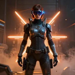a futuristic word war III female soldier wearing cyberpunk goggles and tactical armour, blade runner, akira, ghost in the shell, 2077, most wanted space pirate, bioluminescence, symmetric lights and smoke, orange and blue, glowing particles, de-noise, symmetrical composition, cinematic, hyper realism, 8k, octane render