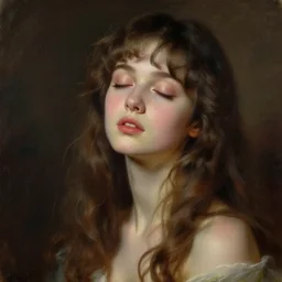 dreamy high fashion studio portrait of a charming anime girl, closed eyes, painting style by gaston bussiere, craig mullins, j. c. leyendecker