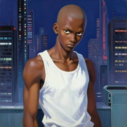 oil painting, yoji shinakawa, studio gainax, bald african-american teenager wearing a white tank-top, cyberpunk city, ghost in the shell, badass