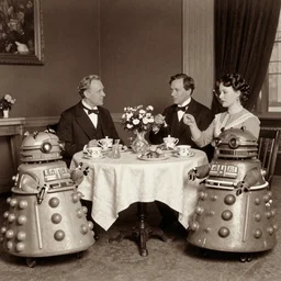 A Victorian sepia photo of a tea party attended by Daleks.
