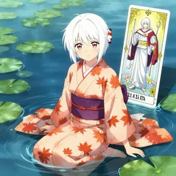 a white haired anime!!!!!!!!! girl wearing a maple pattern kimono sitting in a body of water, a character portrait by kano sansetsu, pixiv contest winner, fantasy art, official art, anime aesthetic, tarot card, lily pads, kimi no na wa