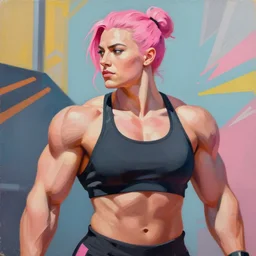 greg manchess portrait painting of confident keira knightley with pink hair as beautiful thick muscular female bodybuilder zarya from overwatch, medium shot, asymmetrical, profile picture, organic painting, sunny day, matte painting, bold shapes, hard edges, street art, trending on artstation, by huang guangjian and gil elvgren and sachin teng