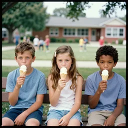a photograph for advertising of three multicultural kids on a bench eating ice cream shot by annie leibovitz, shallow depth of field, background school yard, kodak porto 4 0 0 film stock, zeiss 8 5 mm f 1. 2 color corrected and pts processed