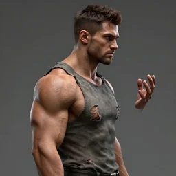 a muscular man wearing torn clothes, looking to the right, profile picture, hyperrealistic, concept art, octane render, unreal engine 5, trending on artstation, high quality, highly detailed, 8 k, dramatic lighting, cinematic, high coherence, anatomically correct, five fingers, digital art, seductive