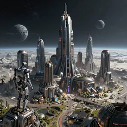 “Cyberpunk apocalyptic lunar city with robots in a futuristic planet, hypermaximalistic, high details, cinematic, 8k resolution, beautiful detailed, insanely intricate details, artstation trending, octane render, unreal engine”