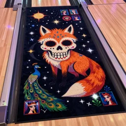 a sugar skull neon black velvet bowling alley carpet design of a bipedal fox demon with a skull for a face, themed around death and astronomy and peacocks, in the style of dnd beyond avatar portraits, beautiful, artistic, magical, lens flare, nature, realism, stylized, 8 0 s, vhs, art by genndy tartatovsky