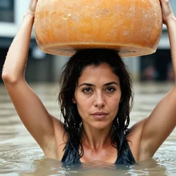 closeup portrait of a woman carrying a wheel of cheese over her head in a flood in Rundle Mall in Adelaide in South Australia, photograph, natural light, sharp, detailed face, magazine, press, photo, Steve McCurry, David Lazar, Canon, Nikon, focus