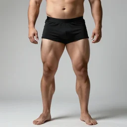 a photo of a man with a flabby torso but extremely muscular legs