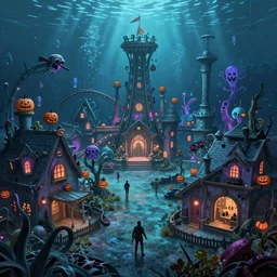 a horror based underwater suburban amusement park that incorporates halloween and ocean elements in its design imagery and features attractions as well as houses, halloween decorations, atlantis, amusement park, spooky, amusement park attractions, deep sea, horror themed, fun, in the style of genndy tartakovsky