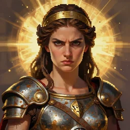 pixel art of the Greek godess Hera looking angry, rusty armor, portrait, digital painting, artstation, concept art, beautiful face, symmetric face, cinematic, videogame cover art, by Artgerm and Greg Rutkowski and Alphonse Mucha