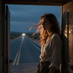 on a dark desert highway cool wind in my hair warm smell of colitas rising up through the air up ahead in the distance i saw shimmering light my head grew heavy and my sight grew dim i had to stop for the night there she stood in the doorway, hyper realistic, high quality, concept art, intricate