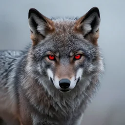werewolf, fantasy art, portrait, grey fur, red glowing eyes