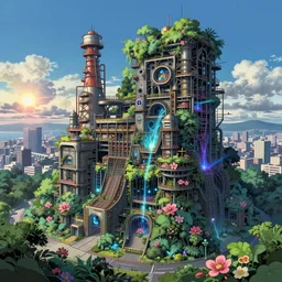 a beautiful very detailed highly detailed citadel industrial architecture by robert venturi, at spring fisheye reclaimed by nature at night dramatic lighting laser dieselpunk studio ghibli matte painting flowers gem rainforest tokyo sea anime landscape postcyberpunk morning sun, archdaily, wallpaper, highly detailed, trending on artstation.