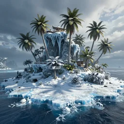a tropical island frozen covered in ice and snow, screenshot from the game'crysis'
