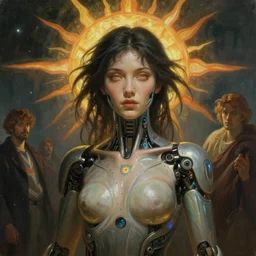 stunning, breathtaking, awe-inspiring award-winning concept art nouveau painting of attractive cybernetic Ashley Liao cyborg as the goddess of the sun, with anxious, piercing eyes, by Alphonse Mucha, Michael Whelan, William Adolphe Bouguereau, John Williams Waterhouse, and Donato Giancola, cyberpunk, extremely moody lighting, glowing light and shadow, atmospheric, cinematic, 8K