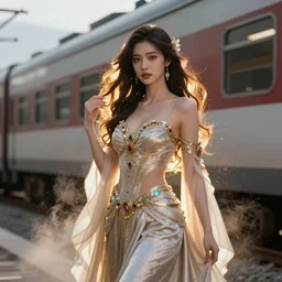 a beautiful female goddess of the trains character, character is in all its glory, character is in her natural relaxed pose, rim lights, particles and dust in the air, fancy clouds, highly detailed professional photo, dynamic lights, particles are flying, depth of field, trending on artstation, professional illustration, hyper realistic, vray caustics, super detailed, colorful accents, cinematic shot