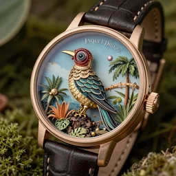 a steampunk tropical bird repeater by Jaquet Droz, macro photography, F/2.8, trending on artstation, octane render
