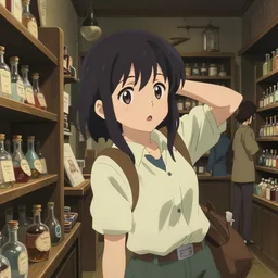 anime visual, portrait of a young female traveler in a alchemist's potion shop interior shopping, cute face by ilya kuvshinov, yoshinari yoh, makoto shinkai, katsura masakazu, moody, dynamic perspective pose, detailed facial features, cel shade